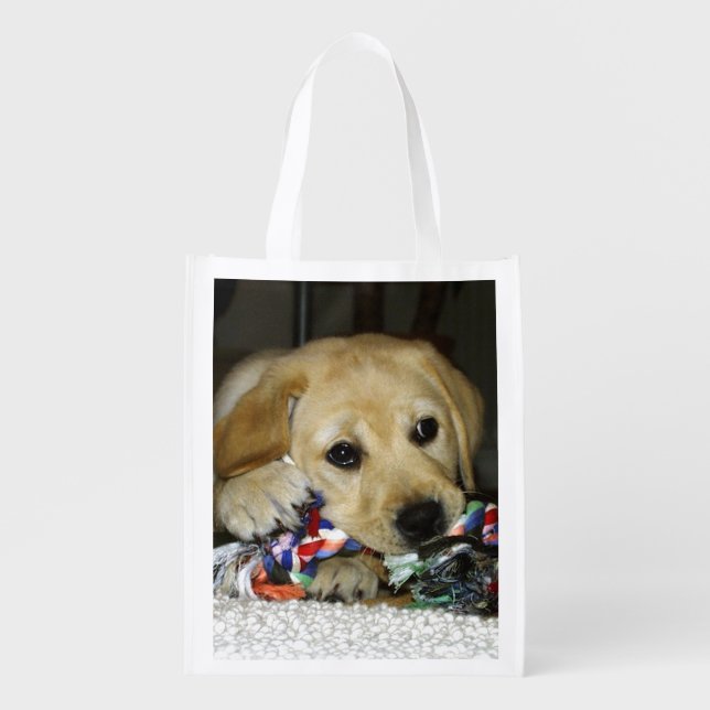 LR yellow lab puppy with toy Grocery Bag (Front)