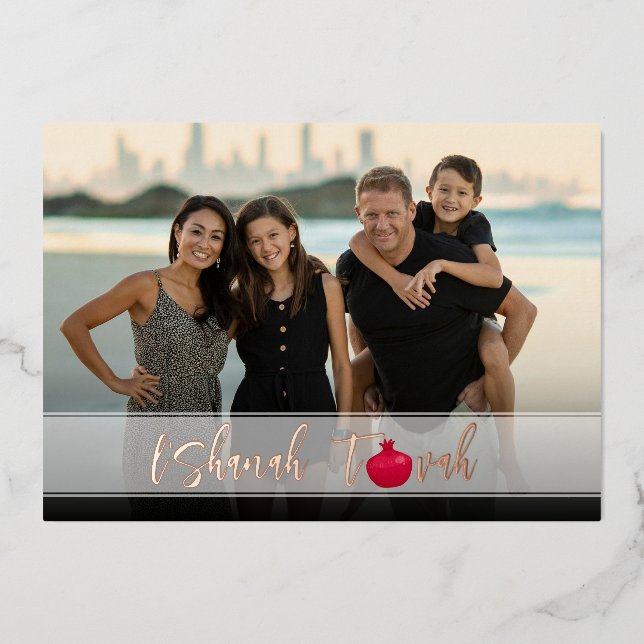 L'Shanah Tovah Pomegranate Elegant Script Photo Foil Holiday Card (Front)