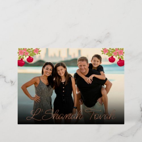 LShanah Tovah Script Photo Pomegranate Flower Foil Holiday Card