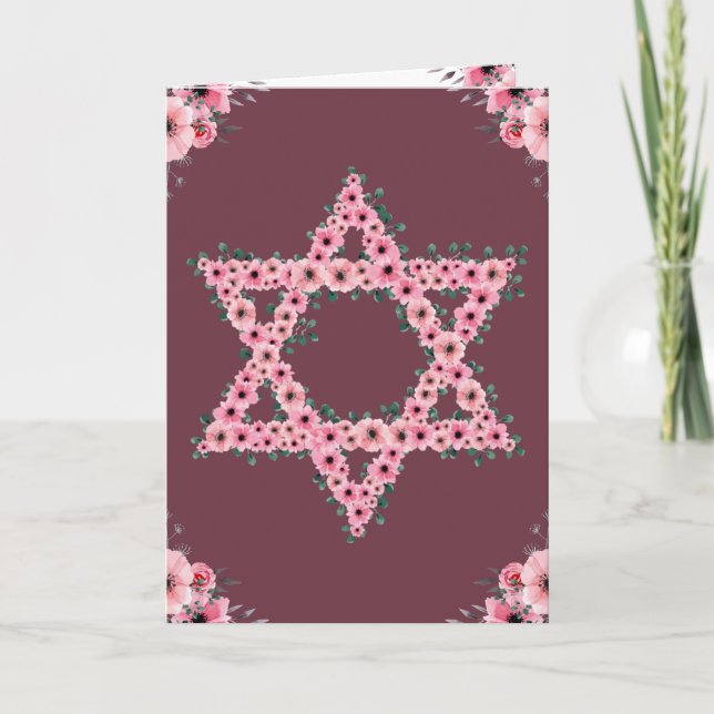 L'Shanah Tovah Star of David Pink Flower Card (Front)