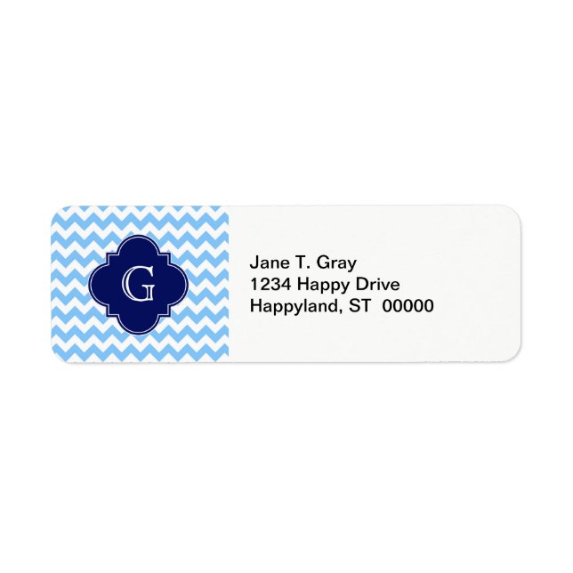 Lt Blu Wht Chevron Zigzag Navy Quatrefoil Monogram Label (Front)