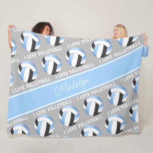 lt blue black girly I love volleyball text pattern Fleece Blanket