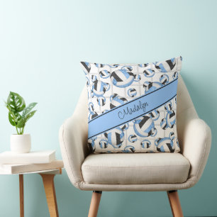 Lt blue black girly volleyballs pattern net accent throw pillow