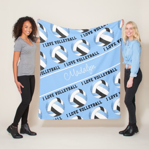 lt blue black I love volleyball text pattern Fleece Blanket