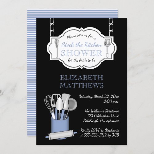 Lt Blue  Black Stock the Kitchen Bridal Shower Invitation