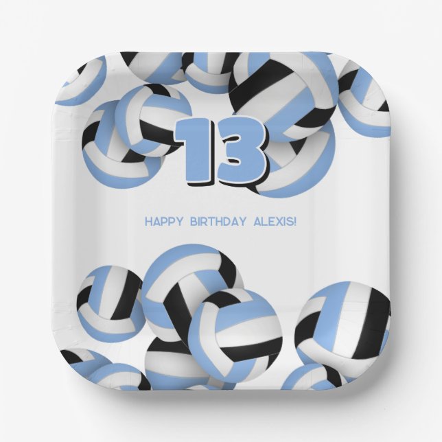 lt blue black volleyballs kids birthday party paper plates (Front)