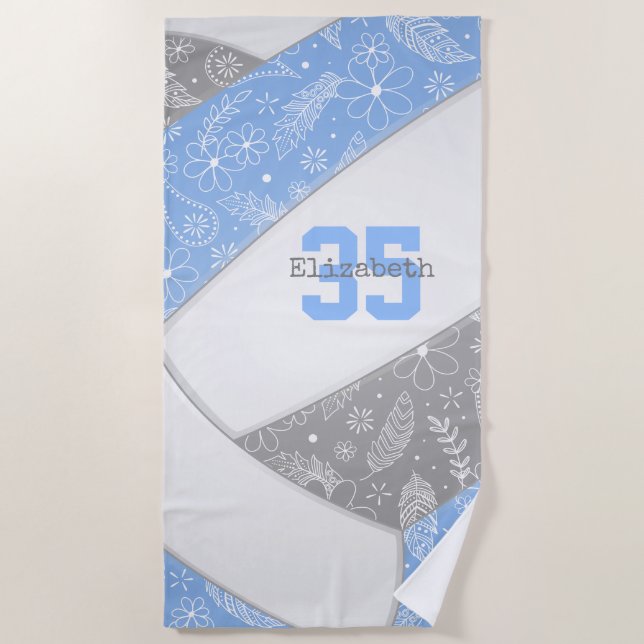 lt blue gray boho floral doodles volleyball beach towel (Front)