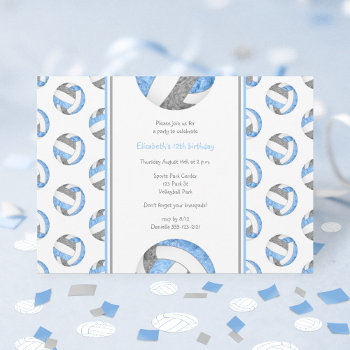 Lt Blue Gray Girls Cute Volleyball Birthday Party Invitation by katz_d_zynes at Zazzle