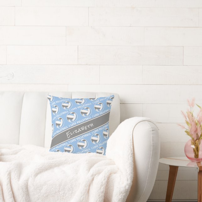 lt blue gray "I love volleyball" athlete name Throw Pillow (Couch)