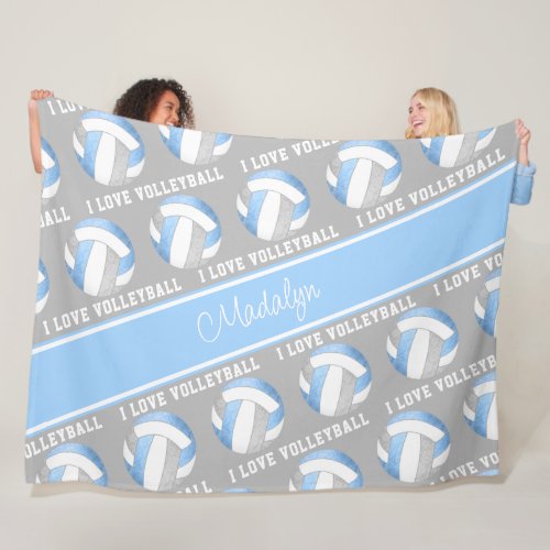 lt blue gray I love volleyball girls sports decor Fleece Blanket