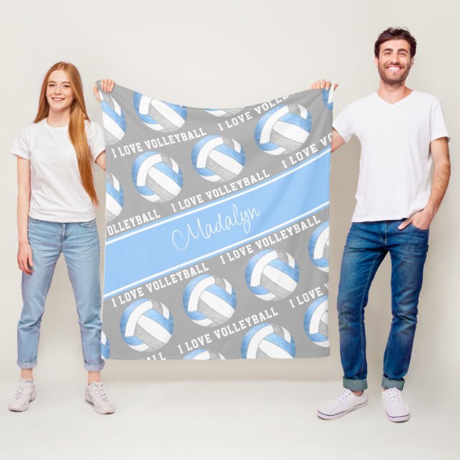 lt blue gray I love volleyball text pattern Fleece Blanket (In Situ)