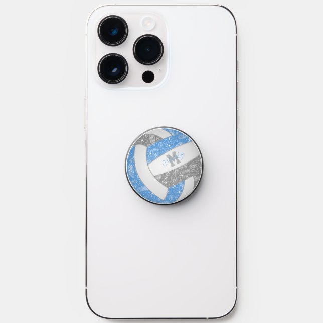 Lt blue gray paislies feathers boho volleyball PopSocket (Front)