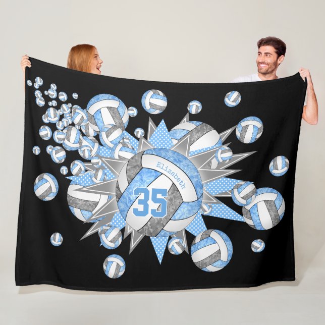 Lt blue gray sports stars girls volleyball room fleece blanket (In Situ)