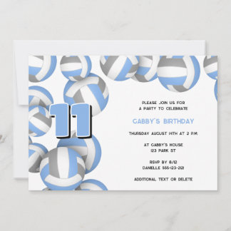 lt blue gray volleyball boys girls birthday party invitation