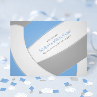 lt blue gray volleyball kids birthday team party  invitation