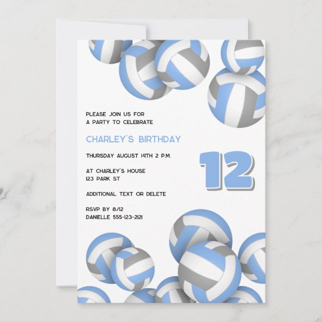 lt blue gray volleyballs birthday or team party invitation (Front)