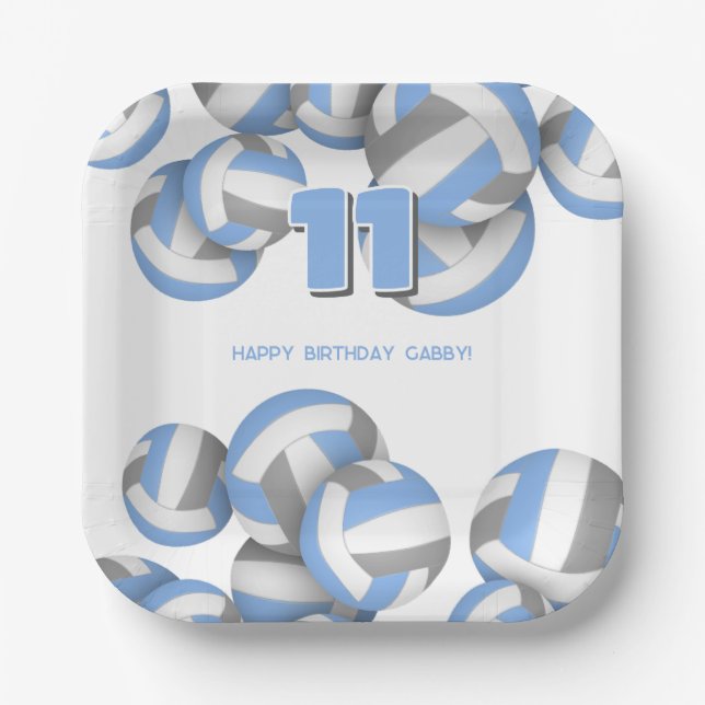 lt blue gray volleyballs kids birthday party paper plates (Front)
