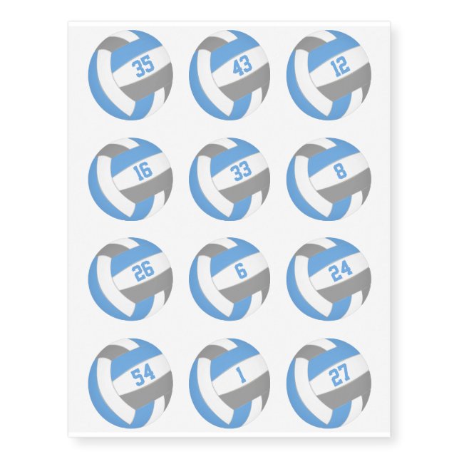 lt blue gray volleyballs w jersey numbers set 12 temporary tattoos (Front)