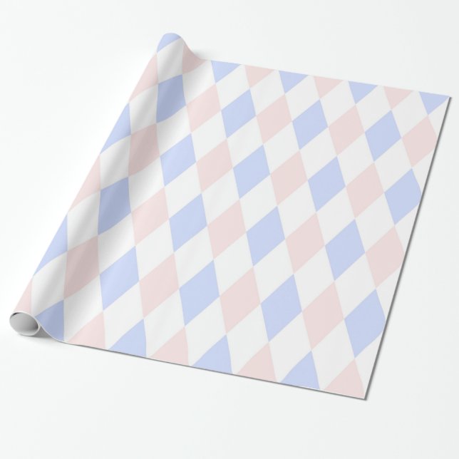 Lt Blue, Lt Pink, Wht Harlequin Diamond Pattern Wrapping Paper (Unrolled)