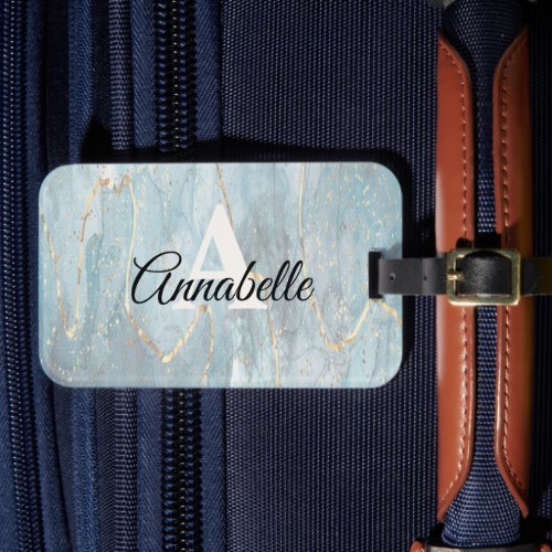 Lt Blue Marble with Gold Monogrammed Luggage Tag