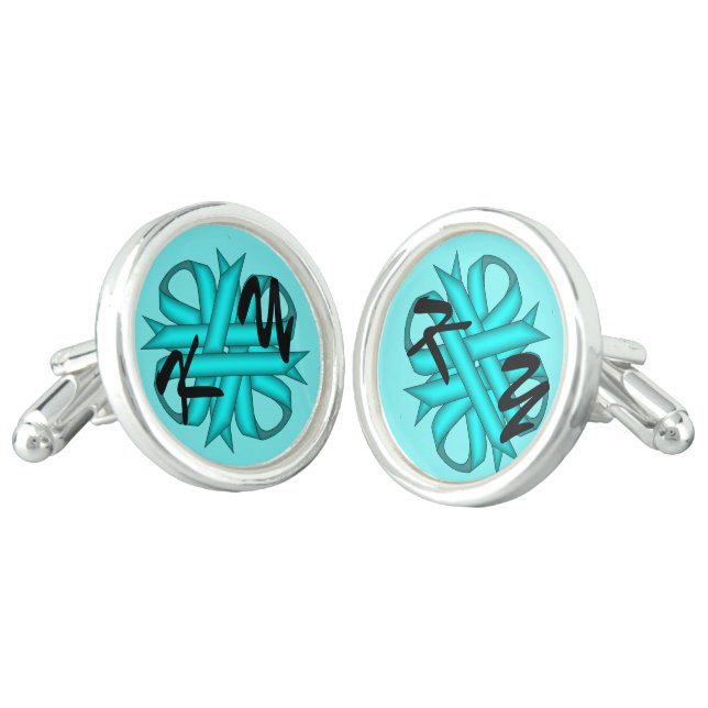 Lt Blue / Teal Clover Ribbon by Kenneth Yoncich Cufflinks (Angled)