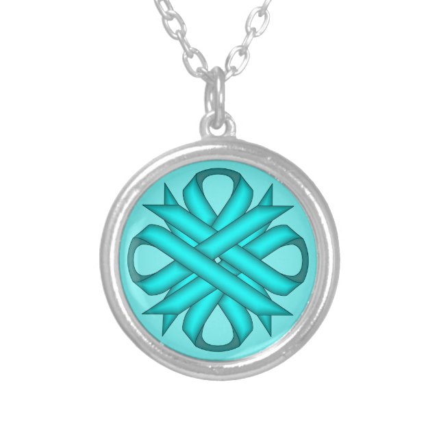 Lt Blue/Teal Clover Ribbon by Kenneth Yoncich Silver Plated Necklace (Front)