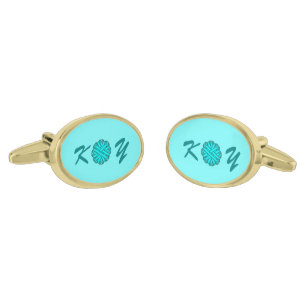 Lt Blue / Teal Flower Ribbon by Kenneth Yoncich Gold Cufflinks
