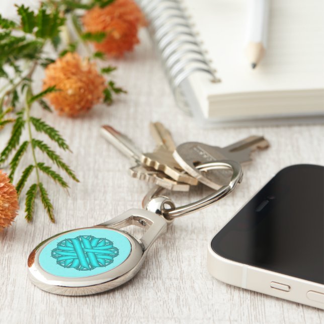 Lt Blue/Teal Flower Ribbon by Kenneth Yoncich Keychain (Side)