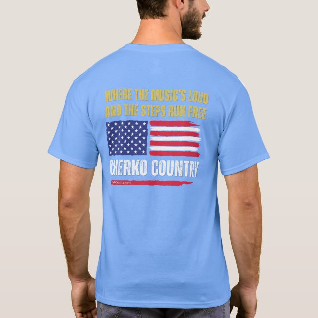 (Lt Blue) US Flag / Music's Loud & Steps Run Free T-Shirt (Back)
