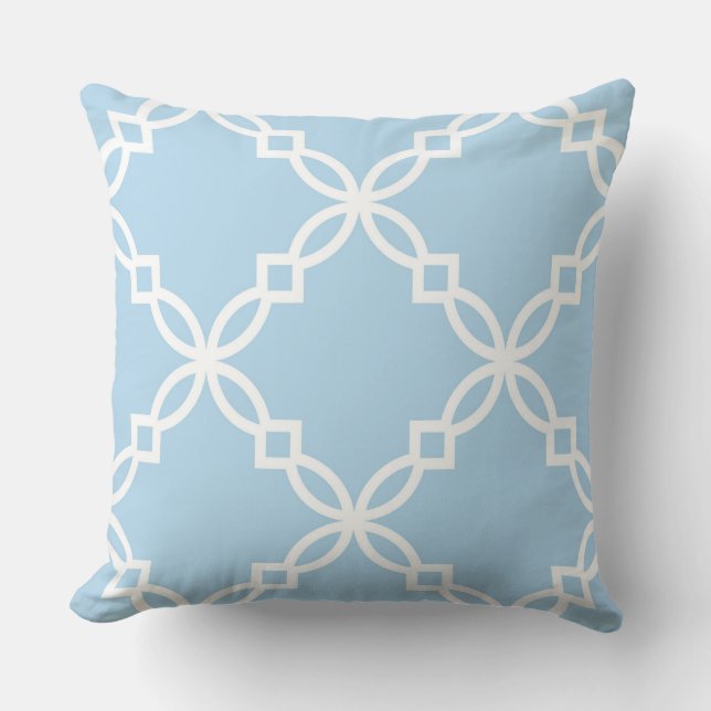 Lt Blue White Large Fancy Quatrefoil Pattern Throw Pillow (Front)
