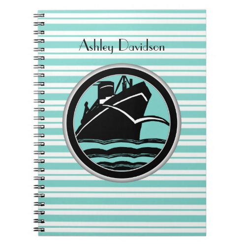 Lt Blue White Striped Black Cruise Ship Nautical Notebook