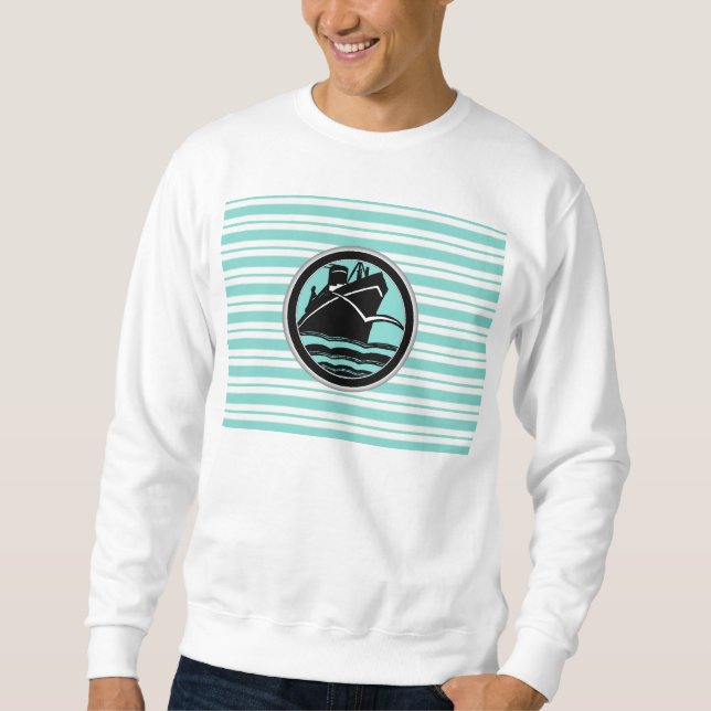 Lt Blue White Striped Black Cruise Ship Nautical Sweatshirt (Front)