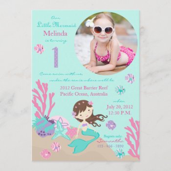 Lt. Brunette Mermaid First Birthday Invitation by NouDesigns at Zazzle