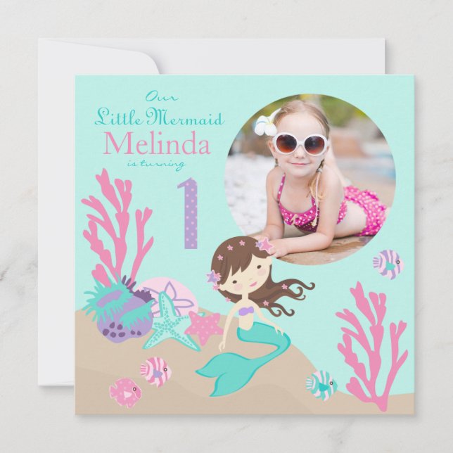 Lt. Brunette Mermaid First Birthday Invitation (Front)