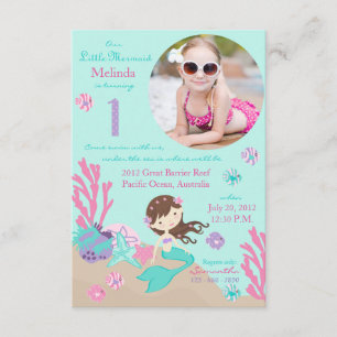 Lt. Brunette Mermaid First Birthday Invitation