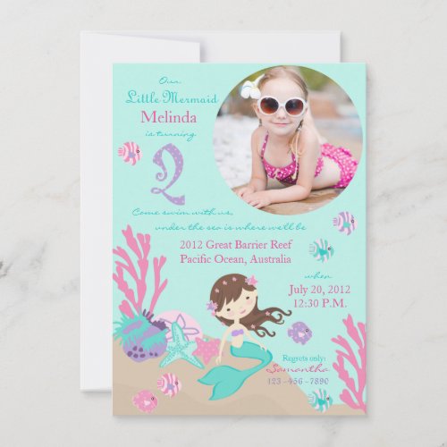 Lt. Brunette Mermaid Second Birthday Invitation