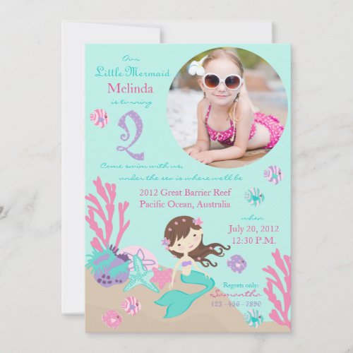 Lt Brunette Mermaid Second Birthday Invitation