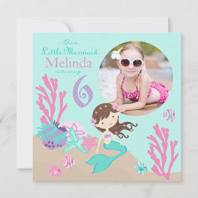 Lt. Brunette Mermaid Sixth Birthday Invitation (Front)