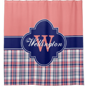 Lt Coral Navy Blue Madras Plaid 1ICB Ribbon Name Shower Curtain