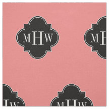 Lt Coral Solid Color Black Quatrefoil Monogram