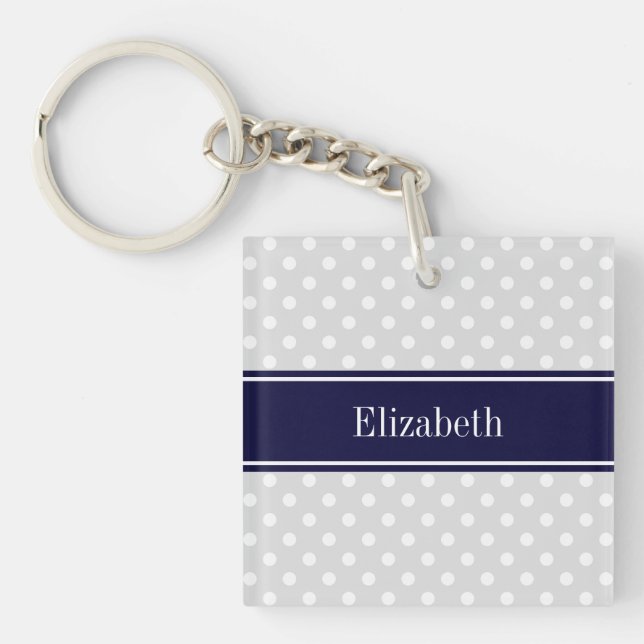 Lt Gray and White Polka Dots Navy Name Monogram Keychain (Front)