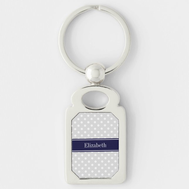 Lt Gray and White Polka Dots Navy Name Monogram Keychain (Front)