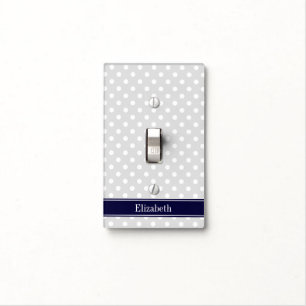 Lt Gray and White Polka Dots Navy Name Monogram Light Switch Cover