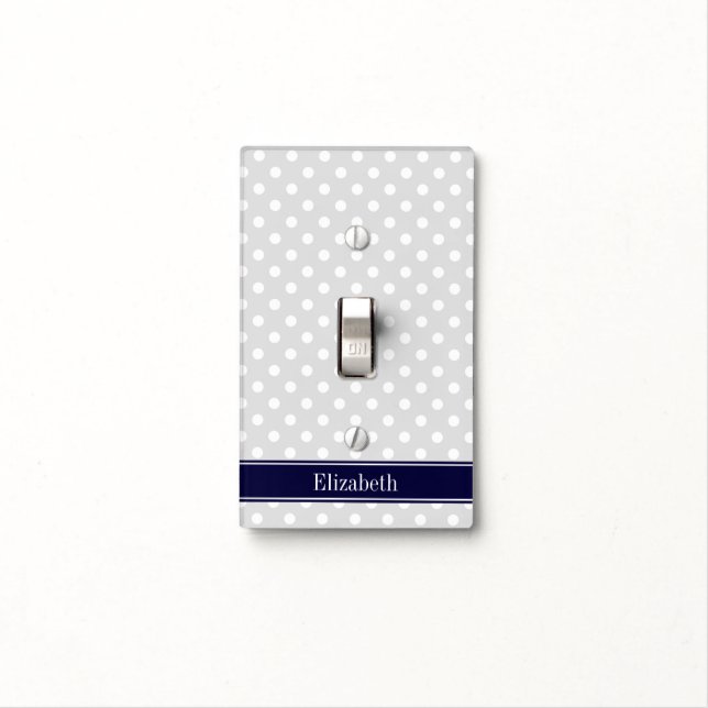 Lt Gray and White Polka Dots Navy Name Monogram Light Switch Cover (In Situ)