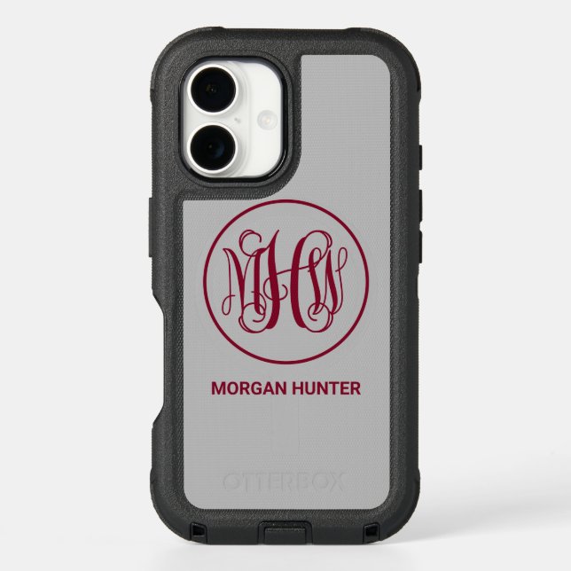 Lt Gray Burgundy Vine Script Monogram, DIY BG Otterbox iPhone Case (Back)