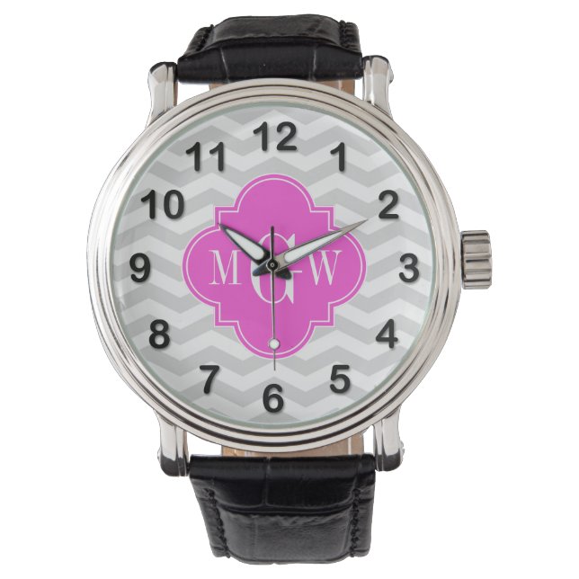 Lt Gray Chevron Hot Pink Quatrefoil 3 Monogram Tn Watch (Front)