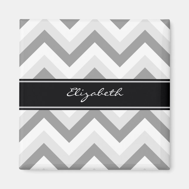 Lt Gray Med Gray White Chevron Black Name Monogram Magnet (Front)