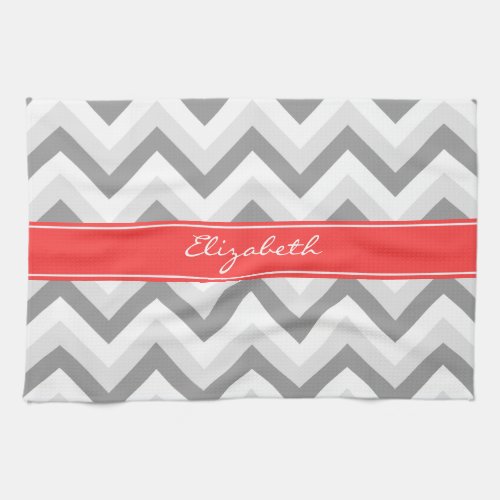 Lt Gray Med Gray White Chevron Coral Name Monogram Towel