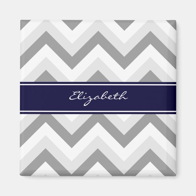 Lt Gray Med Gray White Chevron Navy Name Monogram Magnet (Front)