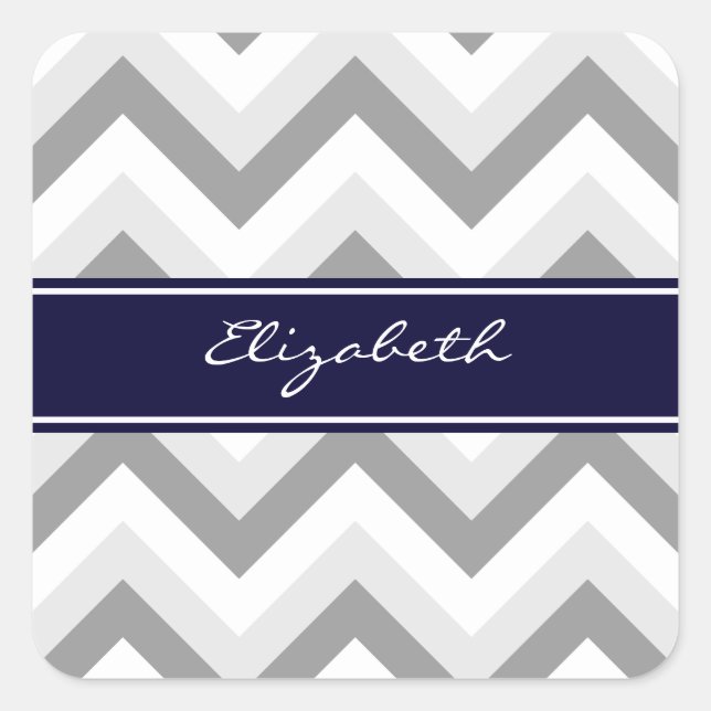 Lt Gray Med Gray White Chevron Navy Name Monogram Square Sticker (Front)